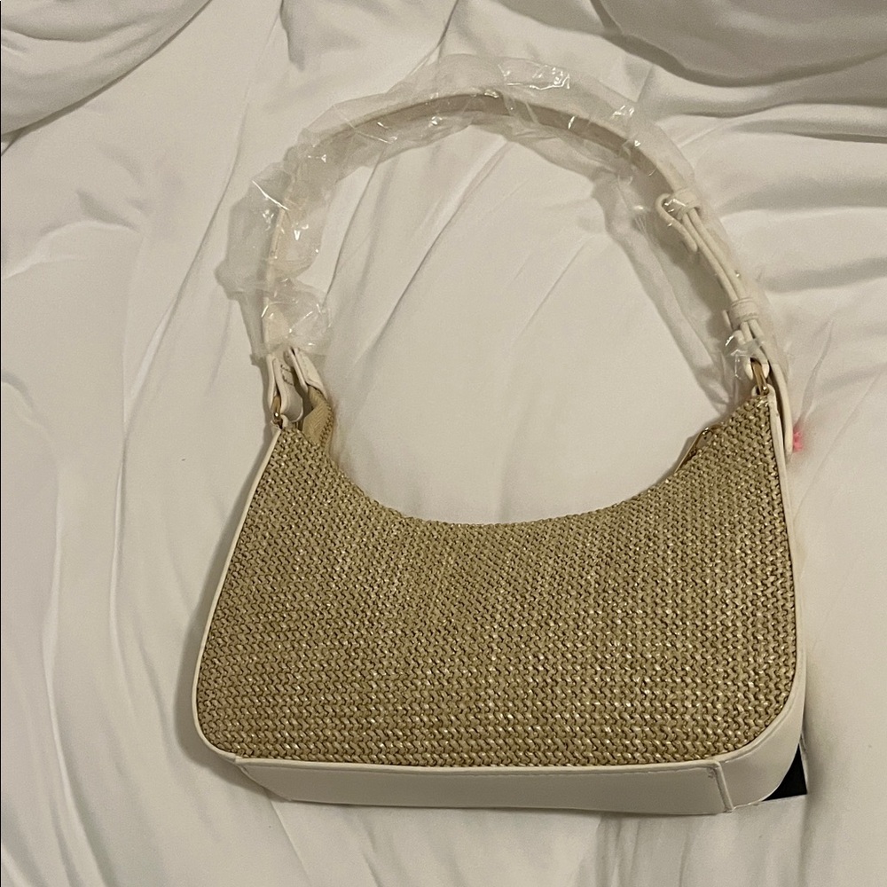 Neutral Woven Shoulder Bag with White Trim